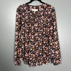 Ann Taylor LOFT Women's Blue & Orange Floral Blouse - Size Medium - Pleated Yoke